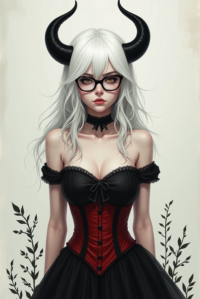 Pale chica,by white,small leaves,with serious expression,with glasses,black dress ,red and black corset,black horns 