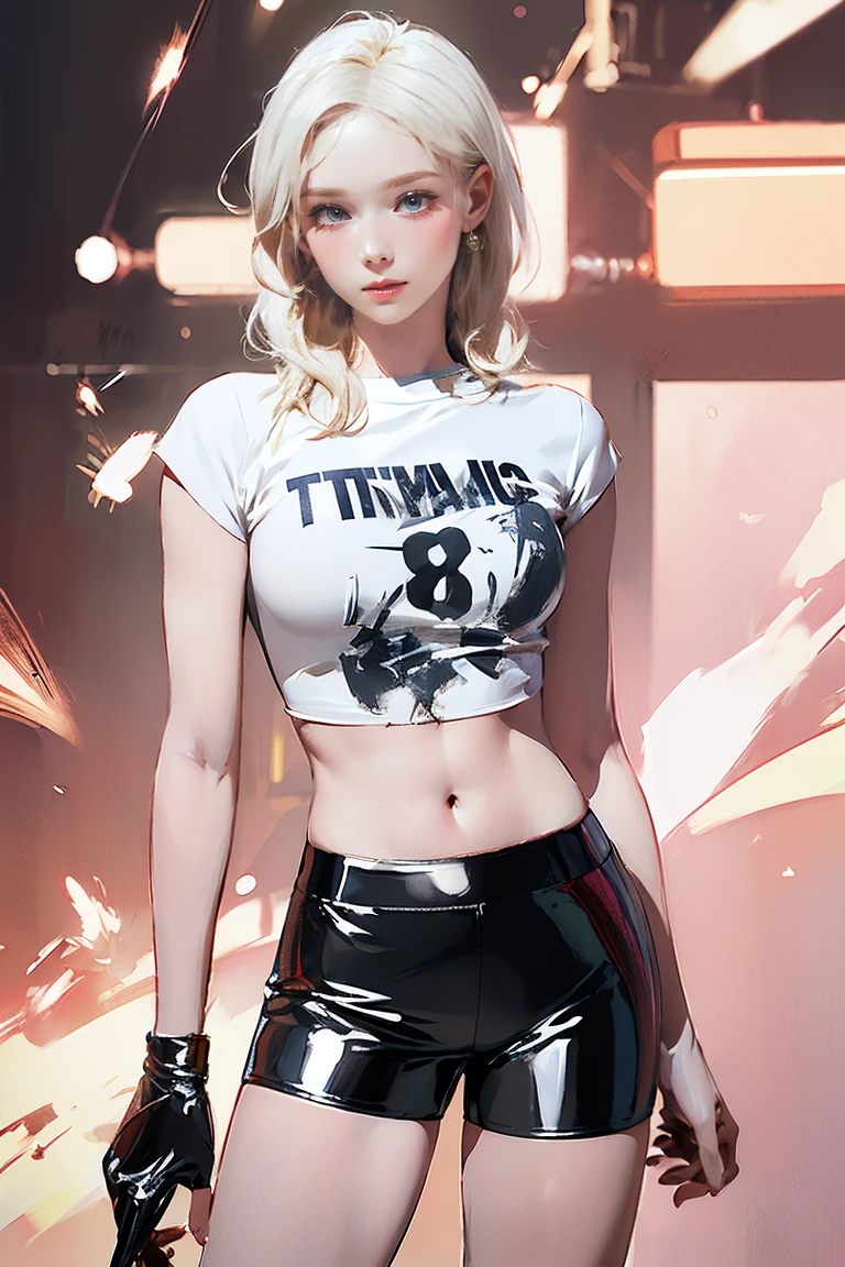 (Highest quality, 8k, High resolution, Realistic:2.0), (Lighting: in front),(Lighting: fort),(The ultimate beautiful girl:2.0),(Glowing Skin:1.5),(Oily skin:1.5),(Platinum Blonde Hair:1.5), Heavy eye makeup ,(Woman smiling at the viewer), (Wear a latex T-shirt and tight latex shorts:1.5), (masterpiece), (Hard nipples), (T-shirt and latex sheer material),(Tight fitting clothing),(Torn clothes),(Show your butt to your audience), (Latex shorts are too small), (Perfect body), (Buttocks sticking out of shorts), (Large Breasts), (Small waist)