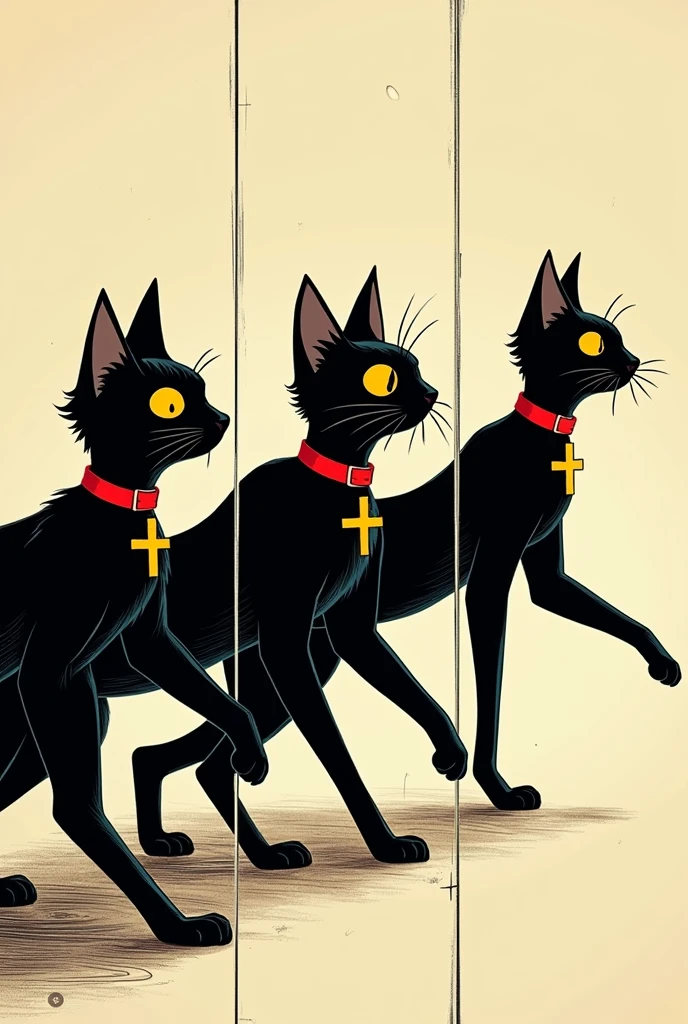3 horizontally split screens with black cats with red collars and yellow crosses walking to the left with their entire bodies, and distinct movements, estilo historia em quadrinhos.