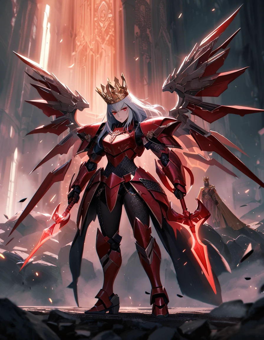 ((Gold crosses)), ((Full body)), ((Female warrior, Female queen, Princess crown, Crown with cross, bishop inspired crown, battle skirt, battle axe, double sided axe)), (Red eyes, white hair), ((Red cardinals inspired armor)), ((Iron byzantine lamell armor)), ((elegant angelic white wings)), ((Iron Roman catholic church inspired armor)), ((Religious mecha, incredible sci- fi mecha, futuristic hexagons, future flow, Mecha wings)),((Iron Red intricate details on armor)), ((Iron Cardinals inspired armor)), (First crusade), (Chain mail), (gothic), photorealistic, hyperrealistic, 8k, high quality, cinematic, dramatic lighting, dark fantasy, moody atmosphere, intricate details, ominous, mysterious, grim, menacing, foreboding, eerie, unsettling, somber, haunting, chiaroscuro, dramatic shadows, dramatic highlights