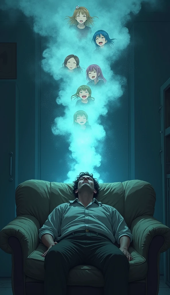 A tired-looking man lies on a sofa in a dark room,With eyes closed,Wearing worn-out clothes,In his imaginary world,There was a bright mist above his head,In the fog,Anime girls smiling happily。