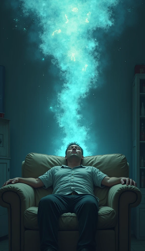 A tired-looking man lies on a sofa in a dark room,With eyes closed,Wearing worn-out clothes,In his imaginary world,There was a bright mist above his head,In the fog,Anime girls smiling happily。