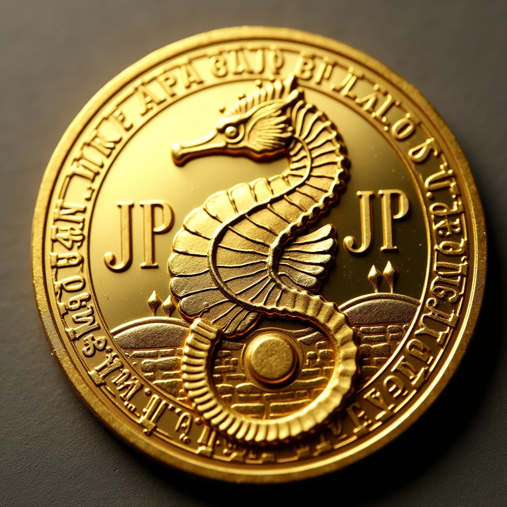 A coin with the letters MJP in the center is created. A seahorse design in the center. Gold, high quality, luxurious image. The letters JAPAN and Malaysia are on the outside.