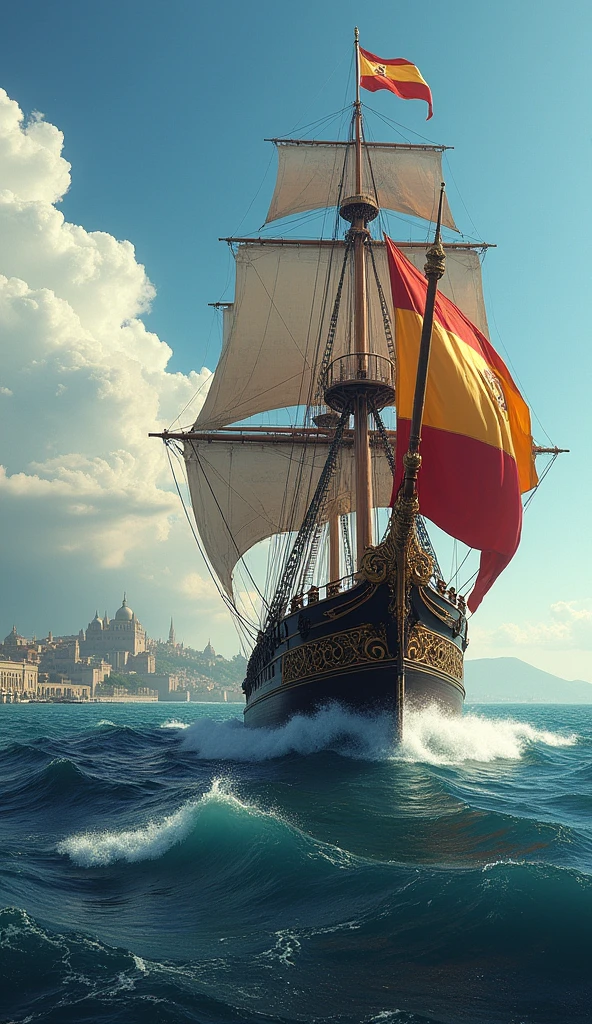 Showcase a galleon ship sailing towards the New World, with the Spanish flag waving. The background can include a blend of colonial cities in the Americas and the Spanish royal crown.