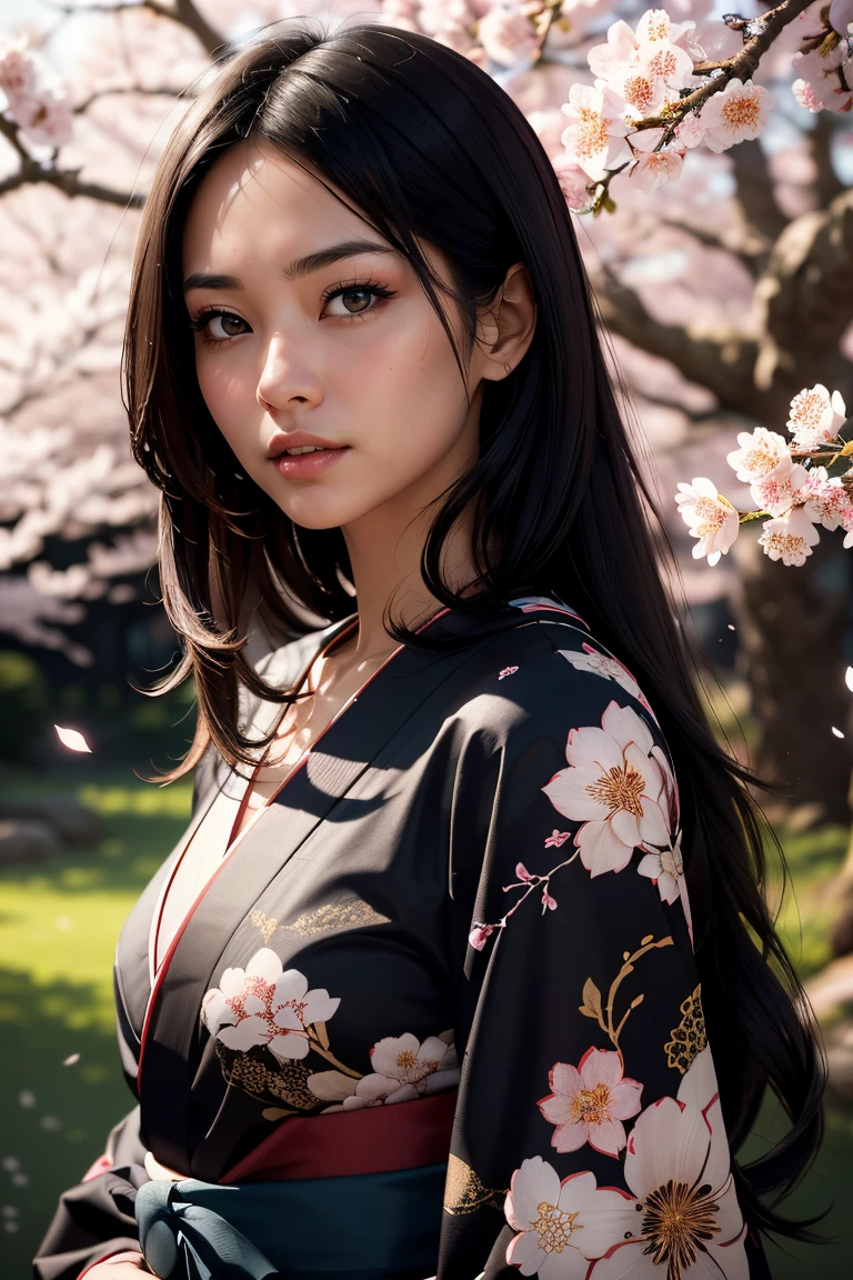((Mary Tachibana)), a beautiful young woman with long, flowing black hair, intricate detailed eyes, delicate features, and an elegant expression, wearing a traditional Japanese kimono against a serene garden backdrop with cherry blossom trees, mystical atmosphere, dramatic lighting, cinematic composition, vibrant colors, photorealistic, highly detailed, award-winning digital art, 8k