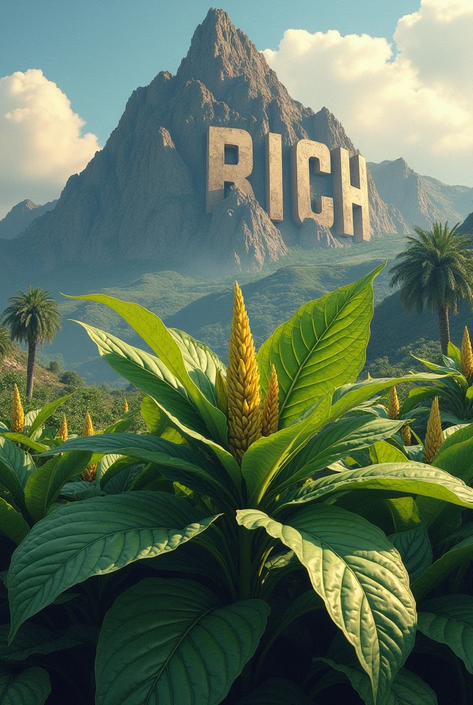 A tobacco and in the background there is a mountain that says rich