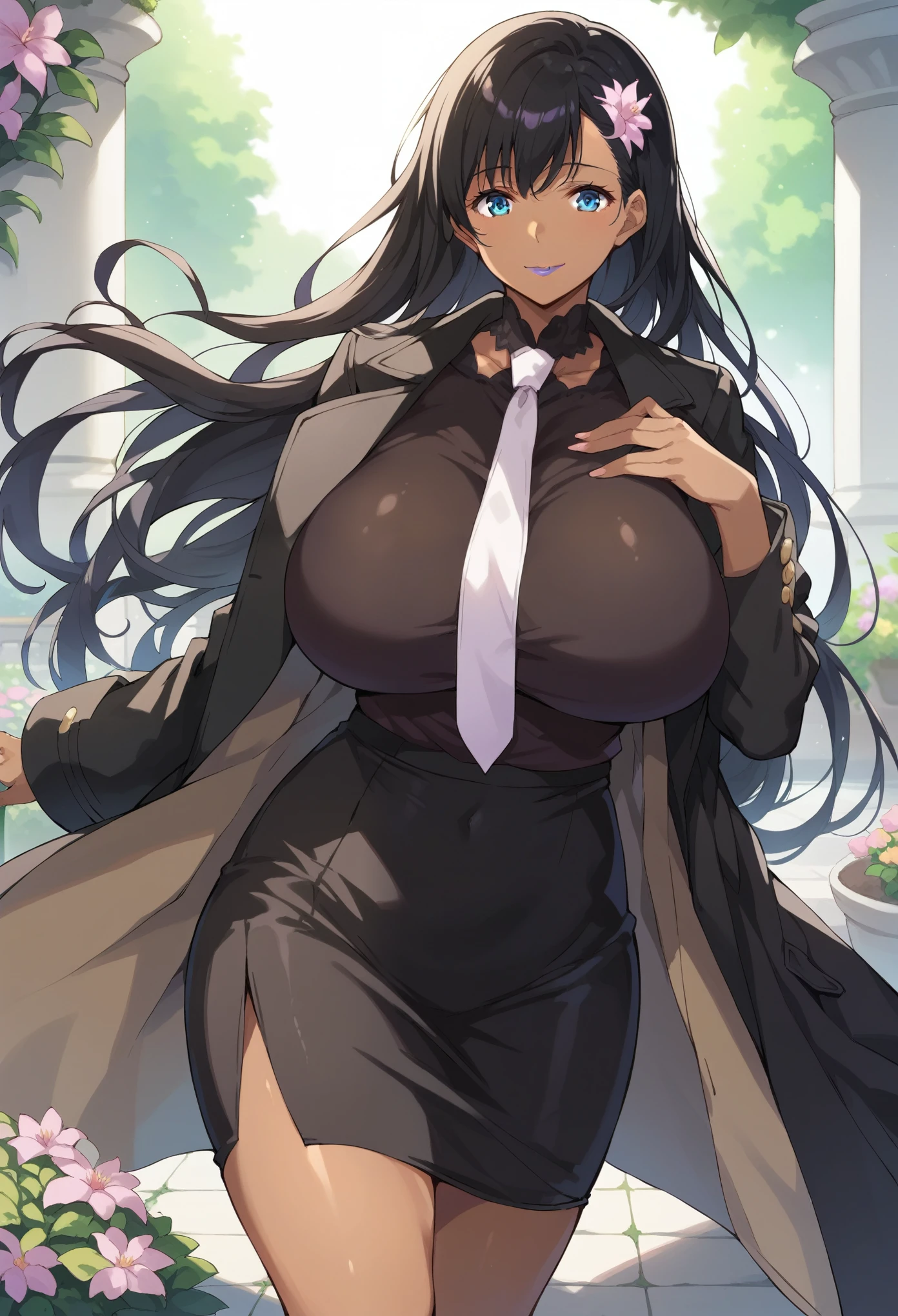 masterpiece, score_9, score_8_up, score_7_up, source_anime, best quality, extremely detailed, 1girl, milf, solo, (dark skin, black skin:1.8), cattleya, (huge breasts:1.1), ((((black hair), very long hair, blue eyes))), purple lips, (((black coat, black shirt, white necktie, long black skirt))), ((light smile), closed mouth), ((outdoor, garden))