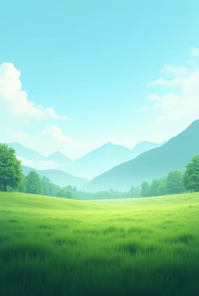 green ground, clear sky with few clouds, distant mountains and trees are hazy
