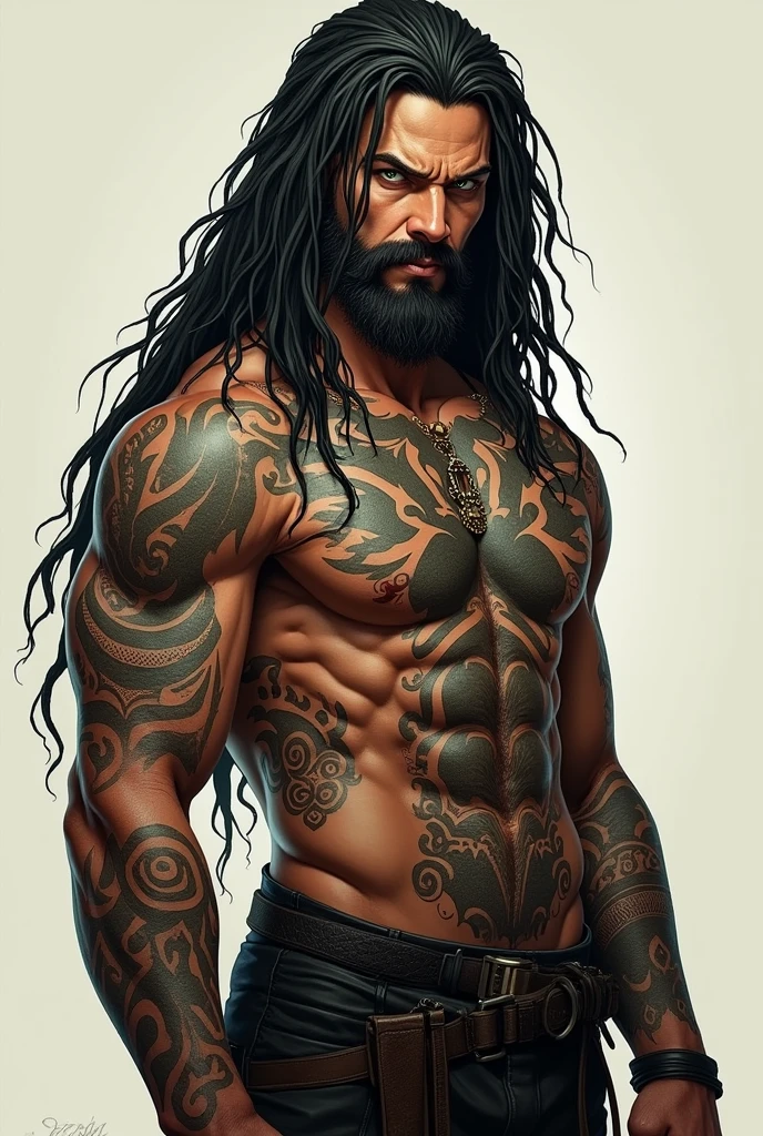 hair:%20Rylen%20has%20long,%20thick%20dreadlocks%20that%20cascade%20down%20to%20his%20shoulders.%20His%20locs%20are%20a%20deep%20black,%20with%20a%20few%20streaks%20of%20silver,%20showing%20the%20years%20of%20experience%20and%20battles%20he's%20endured.%20They%20are%20well-kept,%20and%20often%20tied%20back%20during%20combat%20to%20keep%20them%20out%20of%20his%20piercing%20eyes.%0A%0AEyes%3A%20His%20eyes%20are%20a%20striking%20shade%20of%20green,%20sharp%20and%20intense,%20always%20scanning%20the%20environment%20for%20threats.%20They%20have%20a%20certain%20coldness%20to%20them,%20the%20kind%20that%20comes%20from%20seeing%20too%20much,%20but%20they%20can%20soften%20when%20he's%20in%20moments%20of%20reflection%20or%20when%20speaking%20of%20his%20old%20life.%0A%0AFace%3A%20Rylen's%20face%20is%20rugged,%20with%20a%20chiseled%20jawline%20and%20high%20cheekbones.%20He%20sports%20a%20full%20beard,%20neatly%20trimmed%20but%20thick,%20giving%20him%20a%20commanding%20and%20mature%20presence.%20His%20skin%20is%20a%20rich,%20deep%20brown,%20weathered%20by%20years%20of%20exposure%20to%20the%20elements%20and%20countless%20battles.%0A%0ABody%3A%20Rylen%20has%20a%20tall,%20imposing%20frame,%20standing%20around%206'4%22%20with%20a%20muscular%20build%20that%20speaks%20to%20his%20life%20as%20a%20warrior.%20His%20physique%20is%20the%20result%20of%20years%20of%20rigorous%20training%20and%20survival,%20with%20defined%20muscles%20that%20showcase%20his%20strength%20and%20agility.%0A%0ATattoos%3A%20Rylen's%20full-sleeve%20tattoo%20is%20a%20masterpiece%20of%20intricate%20designs,%20starting%20from%20his%20left%20wrist%20and%20winding%20up%20his%20arm,%20across%20his%20shoulder,%20and%20connecting%20to%20a%20larger%20piece%20on%20his%20chest.%20The%20tattoos%20depict%20a%20blend%20of%20tribal%20patterns,%20symbols%20of%20his%20past%20life,%20and%20elements%20from%20his%20favorite%20video%20games,%20anime,%20and%20movies.%20The%20artwork%20tells%20the%20story%20of%20his%20life,%20with%20scenes%