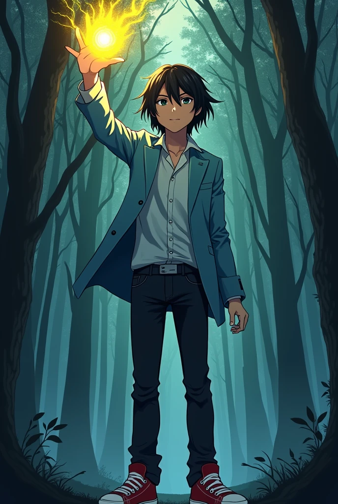 The image is anime style with shadows and dim lights, anime style although somewhat adult and dark, It shows a single 2 man who has black eyes and medium-long black hair as well., She is wearing a very beautiful and detailed light blue jacket with red and white sneakers.. with his left arm raised forward glowing yellow, as if it were regenerating. The background of the image is a forest.