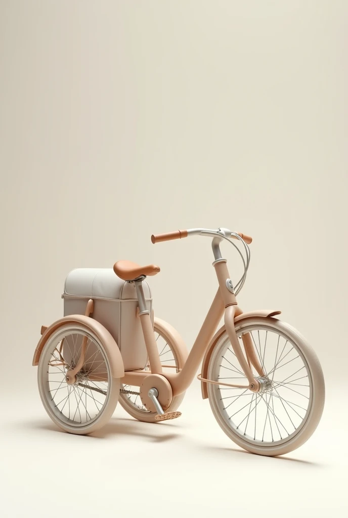 A three-wheeled tricycle based on the Scandinavian aesthetic trend using curved and organic figures , neutral colors, that includes a bag to store things behind the back of the seat, that is light and thin ,  the seat lower than the handlebars and with pedals 
