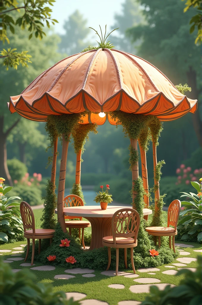 Make a pavilion with chairs and a table underneath that has the shape of a flower and the base is the stem of the flower