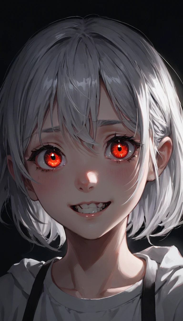 Generate a low-angle image in a pitch-black kitchen, where only the glowing red eyes of a silver-haired girl are visible, ominously floating in the darkness. Her pupils are dilated, and she has a slight, unsettling smile with her mouth slightly open. Her head is tilted to one side, giving her an eerie, disturbing expression. The kitchen setting is barely discernible in the darkness, with only a hint of the surroundings visible. The low-angle view amplifies her menacing presence as she anxiously awaits her target's return, with her silver hair subtly contrasting against the dark backdrop.