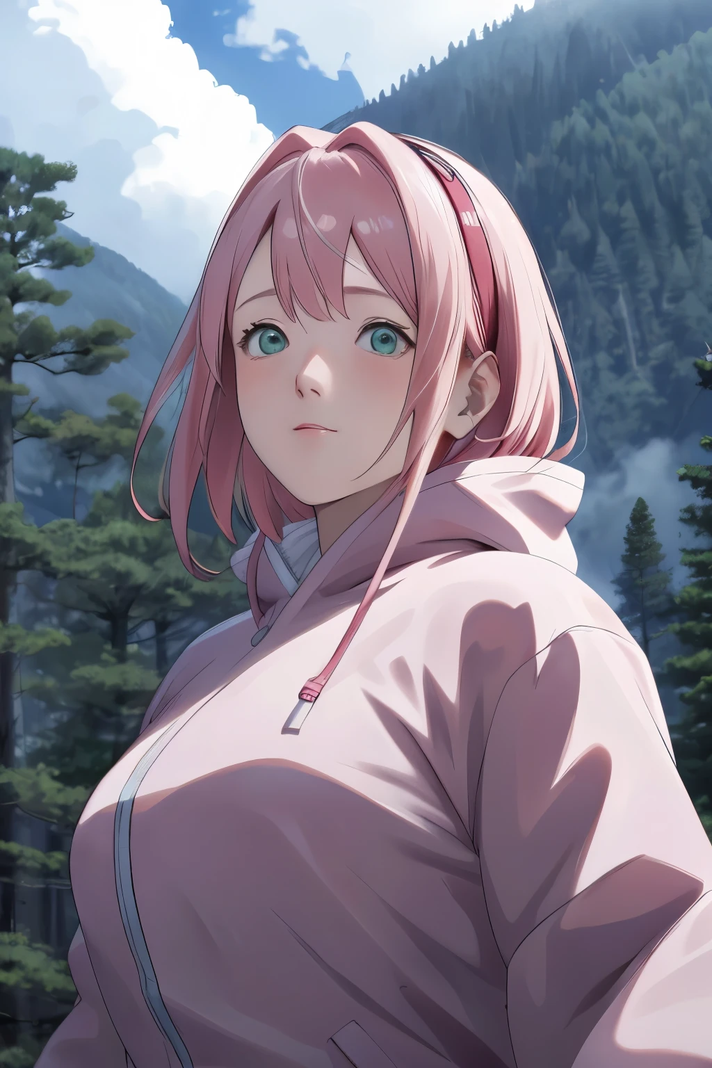 Sakura NS、8k、masterpiece、Best image quality、Very detailed、Perfect body、Looking up at the sky、Large Breasts、Skin glows、White Breath、Mountain parka、Real、scenery、Cloudy、in the forest、Ultra Close-Up、Photographed from the front、Close-up of face