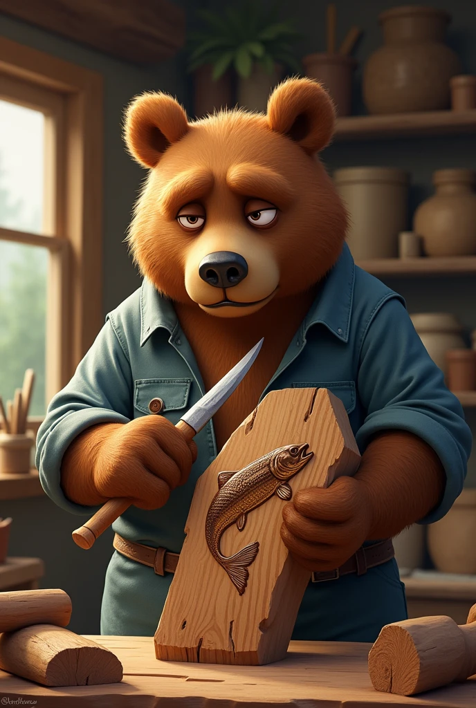 Artisan Brown Bear, Glasses, Nervous Brown Bear, Casual work shirt, Roll up your sleeves, Holding a chisel and mallet, Doing wood carving, Wooden carving of a bear holding a salmon