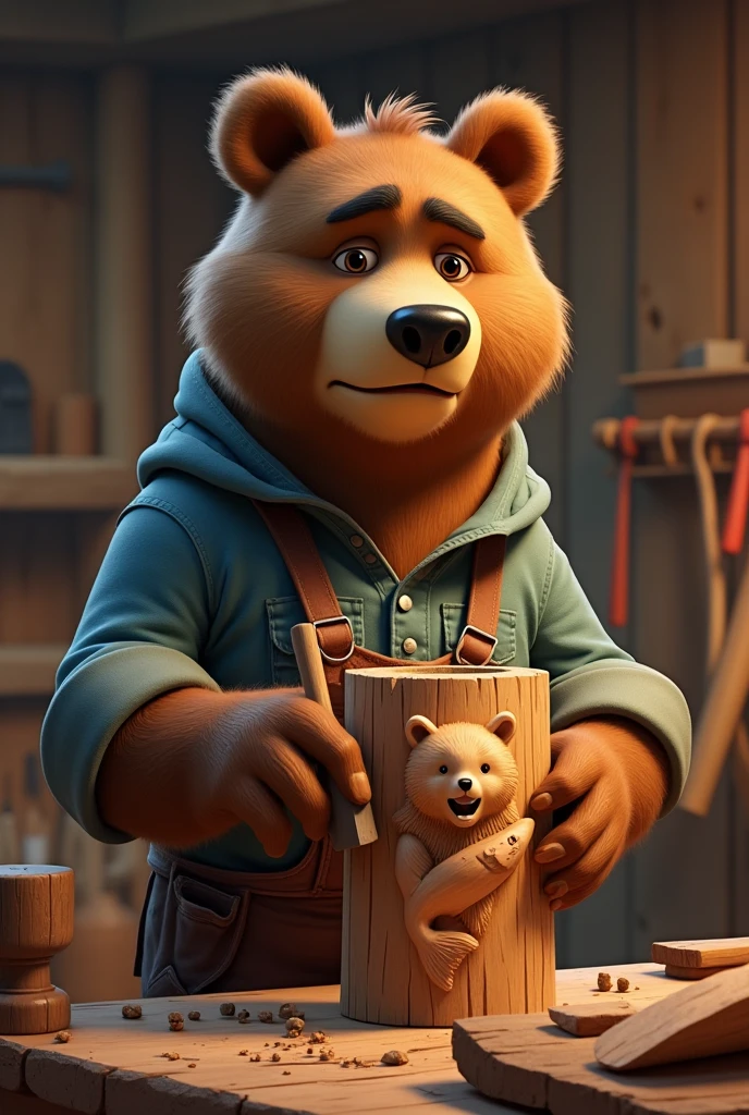 Artisan Brown Bear, Glasses, Nervous Brown Bear, Casual work shirt, Roll up your sleeves, Holding a chisel and mallet, Doing wood carving, Wooden carving of a bear holding a salmon