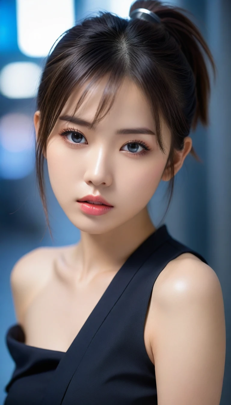 8k, Ultra-high resolution, Highest quality, masterpiece, 三分割法によるphotograph,Surreal, photograph, 1 , (:1.3), cute, cute顔, 細部までBeautiful Eyes, 細かくdetailedに,masterpiece,One Girl:1.2,Japanese women,Policewoman,upper body,glaring,Black short hair,High ponytail,ID photo,(Police officer of the future:1.3),cyber punk,Future City,white collar,((Fusion of humans and androids))(Beautiful attention to detail),Subtle details, detailedな顔,anger,Attractive eyes,(ポートレートphotograph:1.4),(Photorealistic images:1.4),Fantasy art,(Beautiful Face:1.4),美しくAttractive eyes、Beautiful Eyes,Silver residue,(Tight waist:1.4)、(Beautiful with perfect body proportions:1.4),Pink Lips,profile,(((Ideal body type))),A-cup small breasts :2,、Portraiture:2、Perfect Anatomy、鮮明なdetailed、detailed,Fashion magazine cover,Thin lips,完璧でBeautiful Face ,完璧でcute顔, Skin with attention to detail, Perfect limbs、Narrow waist,Surreal,Light and shadow,spotlight