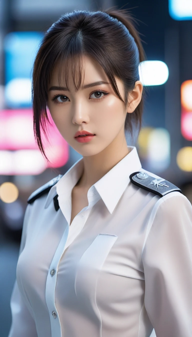 8k, Ultra-high resolution, Highest quality, masterpiece, 三分割法によるphotograph,Surreal, photograph, 1 , (:1.3), cute, cute顔, 細部までBeautiful Eyes, 細かくdetailedに,masterpiece,One Girl:1.2,Japanese women,Policewoman,upper body,glaring,Black short hair,High ponytail,ID photo,(Police officer of the future:1.3),cyber punk,Future City,white collar,((Fusion of humans and androids))(Beautiful attention to detail),Subtle details, detailedな顔,anger,Attractive eyes,(ポートレートphotograph:1.4),(Photorealistic images:1.4),Fantasy art,(Beautiful Face:1.4),美しくAttractive eyes、Beautiful Eyes,Silver residue,(Tight waist:1.4)、(Beautiful with perfect body proportions:1.4),Pink Lips,profile,(((Ideal body type))),A-cup small breasts :2,、Portraiture:2、Perfect Anatomy、鮮明なdetailed、detailed,Fashion magazine cover,Thin lips,完璧でBeautiful Face ,完璧でcute顔, Skin with attention to detail, Perfect limbs、Narrow waist,Surreal,Light and shadow,spotlight