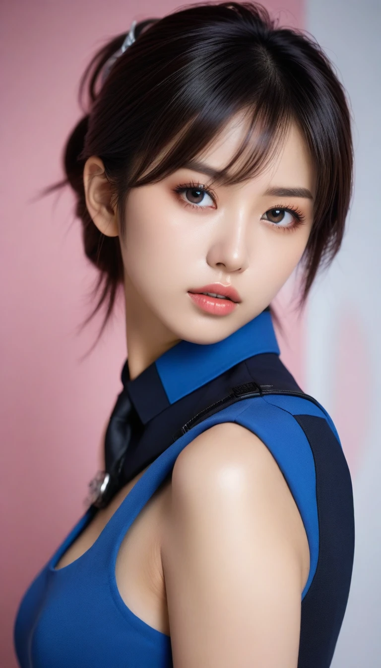 8k, Ultra-high resolution, Highest quality, masterpiece, 三分割法によるphotograph,Surreal, photograph, 1 , (:1.3), cute, cute顔, 細部までBeautiful Eyes, 細かくdetailedに,masterpiece,One Girl:1.2,Japanese women,Policewoman,upper body,glaring,Black short hair,High ponytail,ID photo,(Police officer of the future:1.3),cyber punk,Future City,white collar,((Fusion of humans and androids))(Beautiful attention to detail),Subtle details, detailedな顔,anger,Attractive eyes,(ポートレートphotograph:1.4),(Photorealistic images:1.4),Fantasy art,(Beautiful Face:1.4),美しくAttractive eyes、Beautiful Eyes,Silver residue,(Tight waist:1.4)、(Beautiful with perfect body proportions:1.4),Pink Lips,profile,(((Ideal body type))),A-cup small breasts :2,、Portraiture:2、Perfect Anatomy、鮮明なdetailed、detailed,Fashion magazine cover,Thin lips,完璧でBeautiful Face ,完璧でcute顔, Skin with attention to detail, Perfect limbs、Narrow waist,Surreal,Light and shadow,spotlight