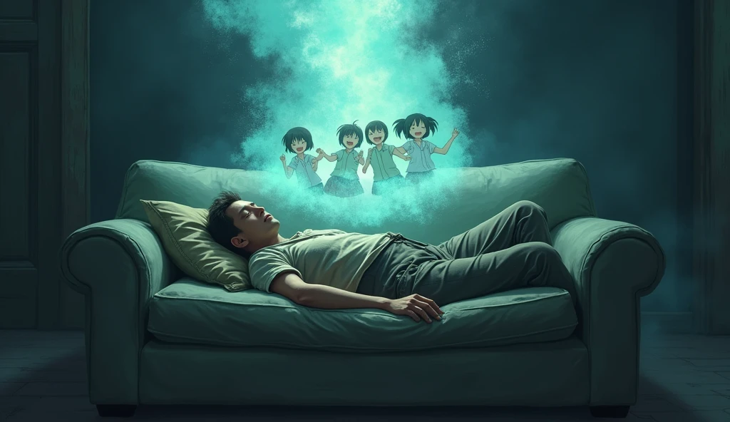 A tired-looking man lies on a sofa in a dark room,With eyes closed,Wearing worn-out clothes,In his imaginary world,There was a bright mist above his head,In the fog,Anime girls smiling happily。