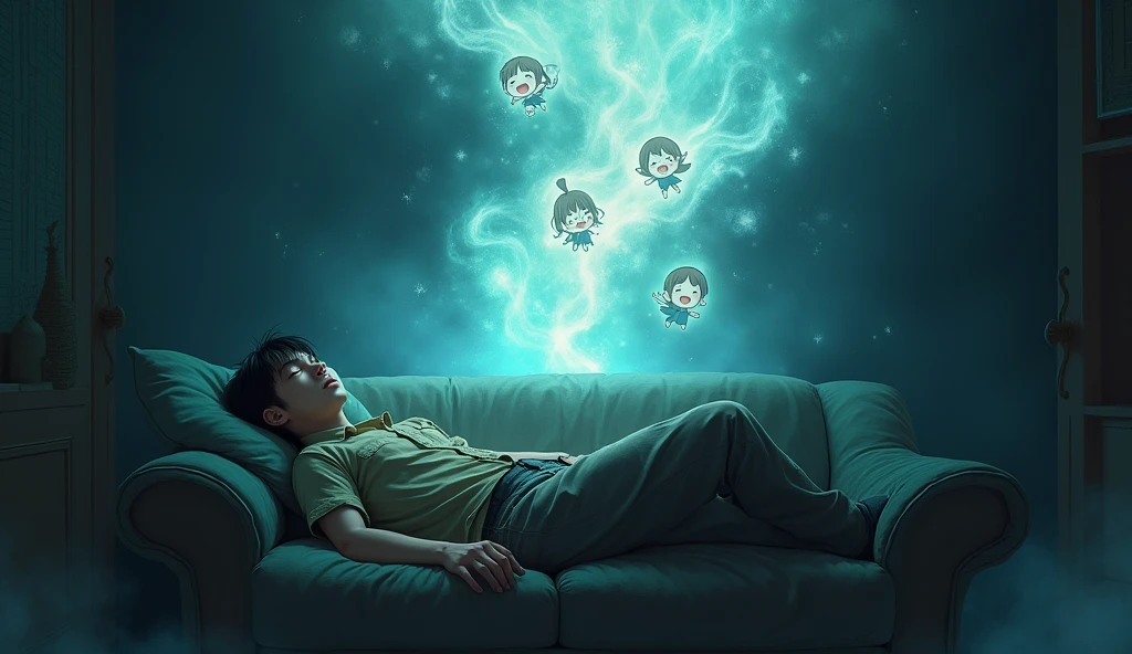 A tired-looking man lies on a sofa in a dark room,With eyes closed,Wearing worn-out clothes,In his imaginary world,There was a bright mist above his head,In the fog,Anime girls smiling happily。