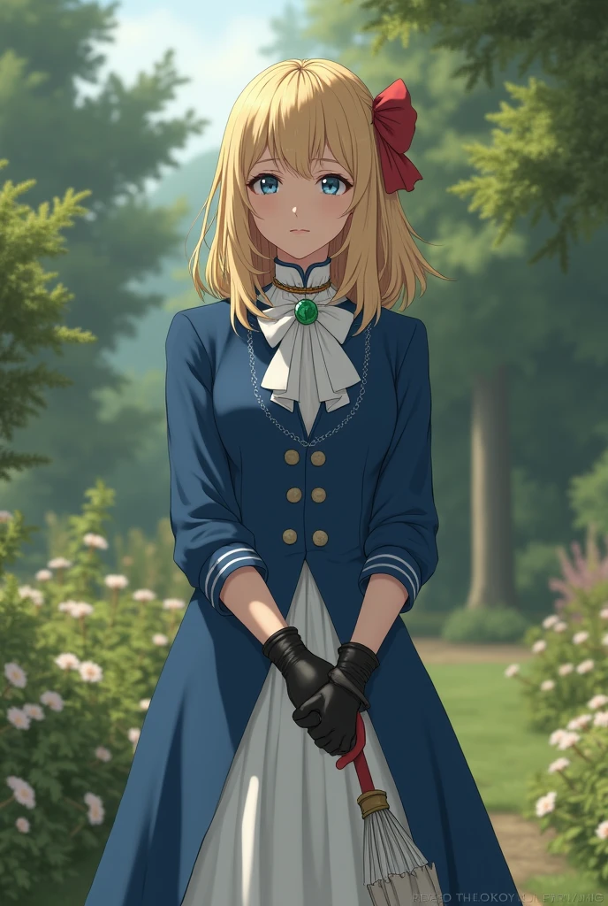 France in the 1890s。The main character of Violet Evergarden has blonde shoulder-length hair with a red ribbon.。She is wearing a classical aristocratic outfit based on ultramarine blue, with a white ribbon on her chest and an emerald necklace in the center.。He has black leather gloves on both his arms.。She has very beautiful blue eyes。In the background you can see a slightly blurred French garden.。She always looks sad and lonely。Beautiful and realistic photos.。She is walking in the distance and has an umbrella。She is wearing a white flared skirt.