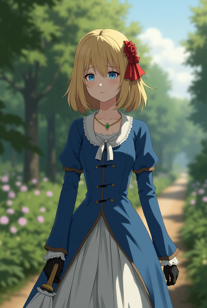 France in the 1890s。The main character of Violet Evergarden has blonde shoulder-length hair with a red ribbon.。She is wearing a classical aristocratic outfit based on ultramarine blue, with a white ribbon on her chest and an emerald necklace in the center.。He has black leather gloves on both his arms.。She has very beautiful blue eyes。In the background you can see a slightly blurred French garden.。She always looks sad and lonely。Beautiful and realistic photos.。She is walking in the distance and has an umbrella。She is wearing a white flared skirt.