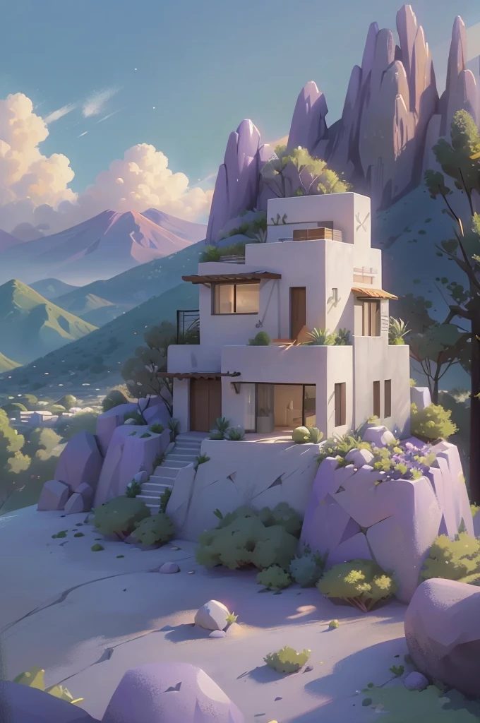 small and beautiful modern house in top of big boulders, terraces, pool, stairs, multiple cacti gardens, palms, trees, rocks, beautiful landscape design, mountains and volcano y background, amazing clouds, sun, moon, planets, milky way galaxy, concrete, wood, glass and steel materials, olive green, violet, orange and withe colors in facade