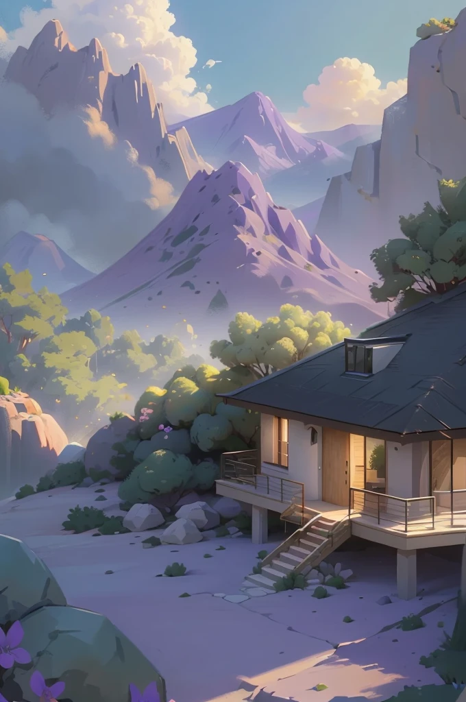 small and beautiful modern house in top of big boulders, terraces, pool, stairs, multiple cacti gardens, palms, trees, rocks, beautiful landscape design, mountains and volcano y background, amazing clouds, sun, moon, planets, milky way galaxy, concrete, wood, glass and steel materials, olive green, violet, orange and withe colors in facade