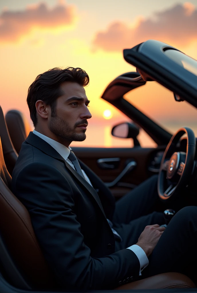 Sexy brunette man in suits sitting behind the wheel of a sports car watching the sunrise 