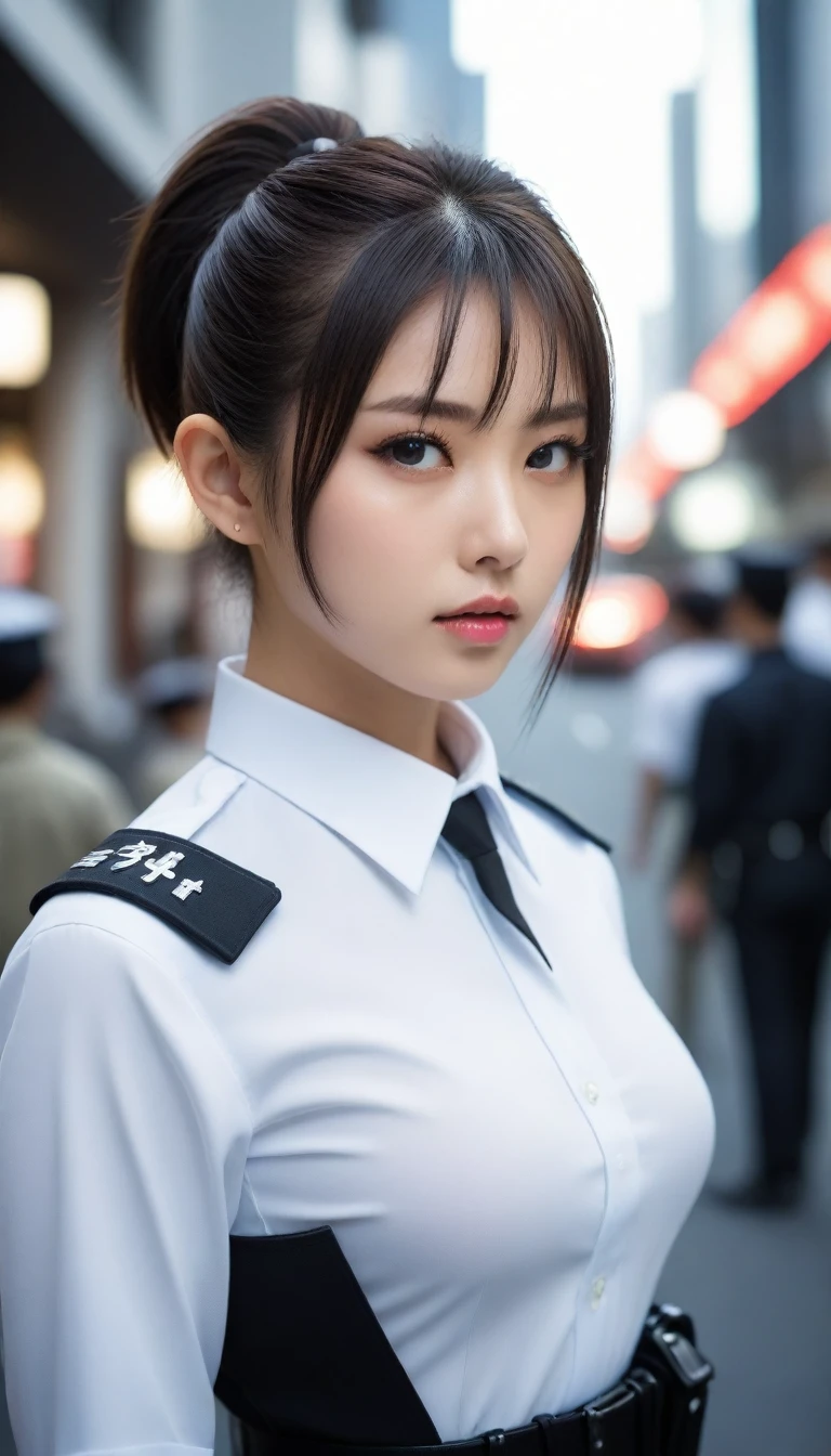 8k, Ultra-high resolution, Highest quality, masterpiece, 三分割法によるphotograph,Surreal, photograph, 1 , (:1.3), cute, cute顔, 細部までBeautiful Eyes, 細かくdetailedに,masterpiece,One Girl:1.2,Japanese women,Policewoman,upper body,glaring,Black short hair,High ponytail,ID photo,(Police officer of the future:1.3),cyber punk,Future City,white collar,((Fusion of humans and androids))(Beautiful attention to detail),Subtle details, detailedな顔,anger,Attractive eyes,(ポートレートphotograph:1.4),(Photorealistic images:1.4),Fantasy art,(Beautiful Face:1.4),美しくAttractive eyes、Beautiful Eyes,Silver residue,(Tight waist:1.4)、(Beautiful with perfect body proportions:1.4),Pink Lips,profile,(((Ideal body type))),A-cup small breasts :2,、Portraiture:2、Perfect Anatomy、鮮明なdetailed、detailed,Fashion magazine cover,Thin lips,完璧でBeautiful Face ,完璧でcute顔, Skin with attention to detail, Perfect limbs、Narrow waist,Surreal,Light and shadow,spotlight