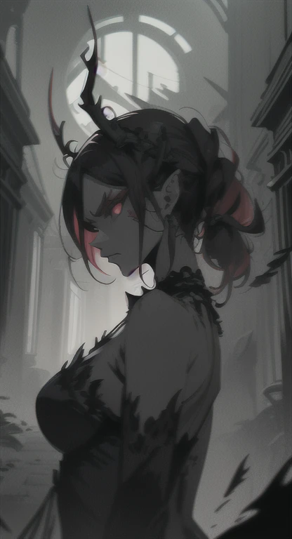Foggy Forest ruins, ancient female creature, intimidating silhouette, fairy Queen, red eyes, eyes in the fog, rotting, looking at viewer angry, torn wings, 