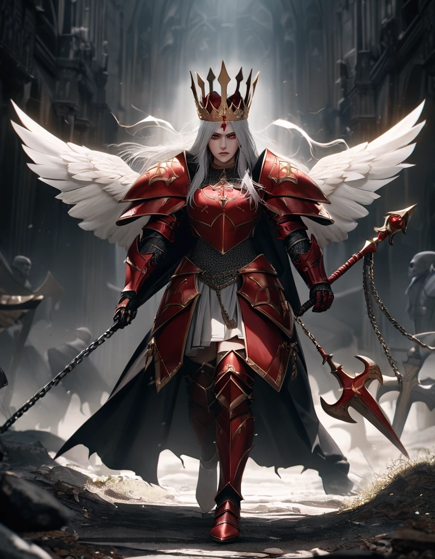 ((Gold crosses)), ((Full body)), ((Female warrior, Female queen, Princess crown, Crown with cross, bishop inspired crown, battle skirt, battle axe, double sided axe)), (Red eyes, white hair), ((Red cardinals inspired armor)), (Princess warrior), ((Iron byzantine lamella armor)), ((angelic white wings)), ((Iron Roman catholic church inspired armor)), ((Iron Red intricate details on armor)), ((Iron Cardinals inspired armor)), (First crusade), (Chain mail), (gothic), photorealistic, hyperrealistic, 8k, high quality, cinematic, dramatic lighting, dark fantasy, moody atmosphere, intricate details, ominous, mysterious, grim, menacing, foreboding, eerie, unsettling, somber, haunting, chiaroscuro, dramatic shadows, dramatic highlights