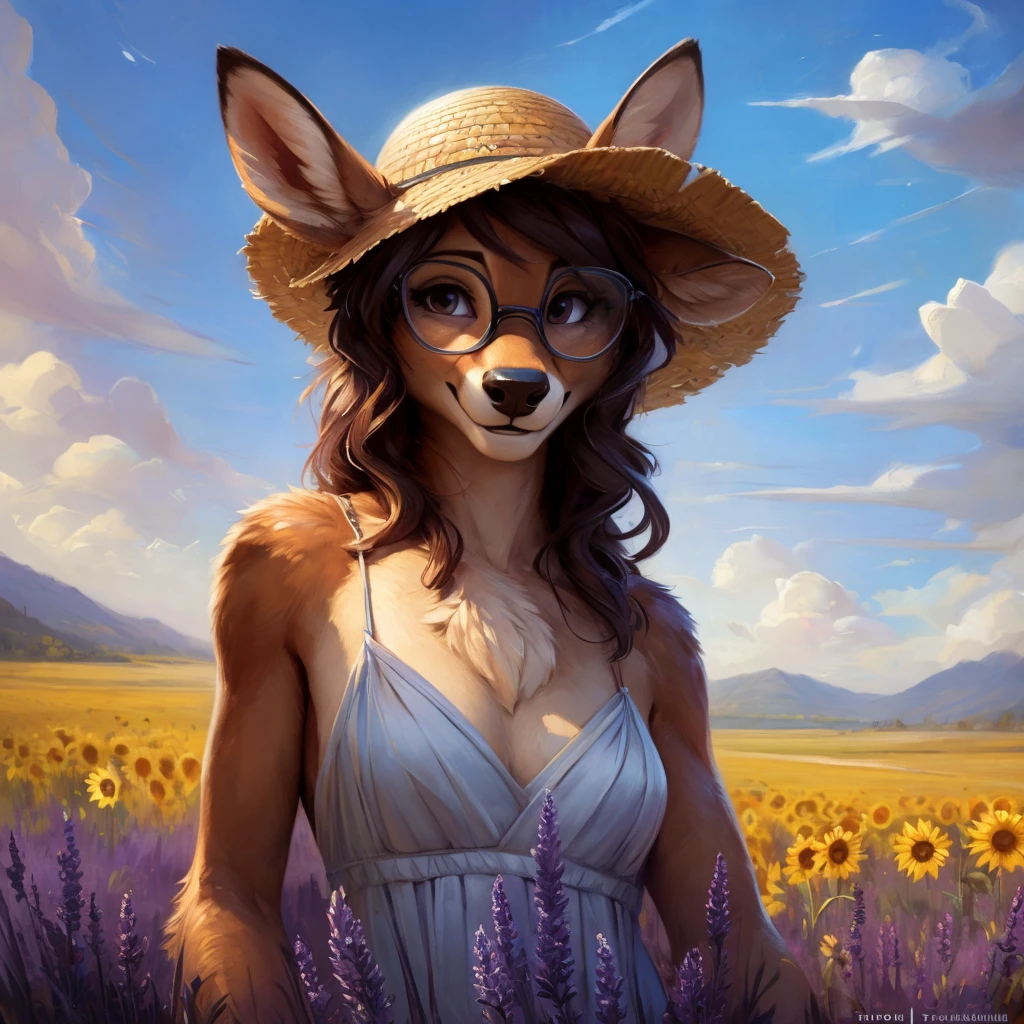 uploaded on e621, artstation, by Pixelsketcher, by Bayard Wu, by Thomas Benjamin Kennington , by Einshelm, by hioshiru and kenket, Chunie, portrait, solo anthro female deer doe, with small featureless breasts, clear dark blue, cinematic lighting, day, sunny day, lavender field, stays in a lavender field, lavender field background, mediterranean background, horizon background, shiny, shoulder long curly dark brown hair, wears big black nerd glasses, very very beautiful furry art, furry art, smiling, joyful, shiny, happy, feminine, cute face, muzzle, fluffy chest, flawless face, Fallow deer, 1girl, Sakimichan is beauploaded on e621, artstation, by Pixelsketcher, by Bayard Wu, by Thomas Benjamin Kennington , by Einshelm, by hioshiru and kenket, Chunie, portrait, solo anthro female deer doe, with small featureless breasts, clear dark blue, cinematic lighting, day, sunny day, sunflower field, stands in a high sunflower field, sunflower field background, sunflowers, mediterranean background, horizon background, shiny, chin short curly dark brown hair, wears big black nerd glasses, very very beautiful furry art, furry art, smiling, joyful, shiny, happy, feminine, cute face, muzzle, fluffy chest, flawless face, Fallow deer, 1girl, Sakimichan is beautiful, Masterpiece, Wavethesallow Face, shiny, Detailed image, portrait, Detailed image, portrait, full body, wears pure white wide spaghetti straps dress, wears big and wide beige summer straw hat, shiny, realistic face, perfect anatomy, hourglass body, (furry body:1.1), anthropoutiful, Masterpiece, Wavethesallow Face, shiny, Detailed image, portrait, Detailed image, portrait, full body, wears white spaghetti straps summer dress, wearing beige summer straw hat, shiny, realistic face, perfect anatomy, hourglass body, (furry body:1.1), anthropomorphic deer, looks at the viewer, small fluffy tail, detailed background, (cute anatomy:1.1), walks in a lavender field, a few cypress trees in the background, few lavender flowers in hair
