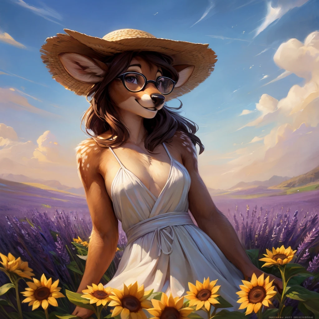 uploaded on e621, artstation, by Pixelsketcher, by Bayard Wu, by Thomas Benjamin Kennington , by Einshelm, by hioshiru and kenket, Chunie, portrait, solo anthro female deer doe, with small featureless breasts, clear dark blue, cinematic lighting, day, sunny day, lavender field, stays in a lavender field, lavender field background, mediterranean background, horizon background, shiny, shoulder long curly dark brown hair, wears big black nerd glasses, very very beautiful furry art, furry art, smiling, joyful, shiny, happy, feminine, cute face, muzzle, fluffy chest, flawless face, Fallow deer, 1girl, Sakimichan is beauploaded on e621, artstation, by Pixelsketcher, by Bayard Wu, by Thomas Benjamin Kennington , by Einshelm, by hioshiru and kenket, Chunie, portrait, solo anthro female deer doe, with small featureless breasts, clear dark blue, cinematic lighting, day, sunny day, sunflower field, stands in a high sunflower field, sunflower field background, sunflowers, mediterranean background, horizon background, shiny, chin short curly dark brown hair, wears big black nerd glasses, very very beautiful furry art, furry art, smiling, joyful, shiny, happy, feminine, cute face, muzzle, fluffy chest, flawless face, Fallow deer, 1girl, Sakimichan is beautiful, Masterpiece, Wavethesallow Face, shiny, Detailed image, portrait, Detailed image, portrait, full body, wears pure white wide spaghetti straps dress, wears big and wide beige summer straw hat, shiny, realistic face, perfect anatomy, hourglass body, (furry body:1.1), anthropoutiful, Masterpiece, Wavethesallow Face, shiny, Detailed image, portrait, Detailed image, portrait, full body, wears white spaghetti straps summer dress, wearing beige summer straw hat, shiny, realistic face, perfect anatomy, hourglass body, (furry body:1.1), anthropomorphic deer, looks at the viewer, small fluffy tail, detailed background, (cute anatomy:1.1), walks in a lavender field, a few cypress trees in the background, few lavender flowers in hair