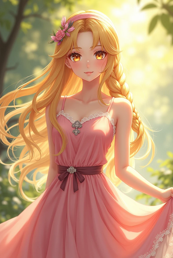 A ANIME GIRL WITHHair: Long and blonde, with a natural golden glow that reflects the sunlight. She often wears it loose or in a side braid that falls over her shoulder.
eyes: Amber, with a deep golden hue that shines brightly and uniquely. Elara’s eyes have an almost otherworldly appearance, reminiscent of the glow of a soft flame, which accentuates her connection to nature and the magic of blossoming.
Skin: Fair, with a hint of color on her cheeks, revealing vibrant health and a life of the outdoors.
Attire: Elara wears a simple but elegant pink dress made of lightweight fabric and adorned with small bows and white lace details. Despite the simplicity of her attire, she always presents herself with grace and impeccability.
Height and Build: Of average height, with a slender but strong build. Her posture is confident, even in times of difficulty. dressed in a Vestido Principal: Elara wears a soft pink dress that is practical, but still beautiful. The dress is made of a light, flowing fabric, ideal for the climate and daily activities. It is adorned with small white lace on the sleeves and hem., giving it a delicate and feminine touch. The dress has a fitted waist with a fabric belt that ties into a bow at the back..
Accessories: She usually wears a small flower-shaped brooch at chest height., which symbolizes your connection to the magic of blossoming. The brooch is made of plain silver, but it is an object of great sentimental value to her. She also wears a headband in her hair, usually in a darker shade of pink, to keep her long blonde hair out of her face while working or fighting.
footwear: Elara prefers to wear soft leather boots in a light brown shade.. The boots are sturdy and comfortable, ideal for long walks and adventures. They have small side buckles and are practical enough to withstand difficult terrain., but still maintain a certain rustic charm.
Travel Cover: When Elara needs to travel or if