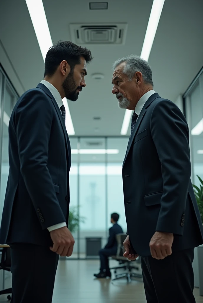 A modern Japanese man in his early 30s, dressed in business attire, is having a tense confrontation with his boss in an office setting. The man has a frustrated expression, while the boss, an older Japanese man in his 50s, looks stern and disapproving