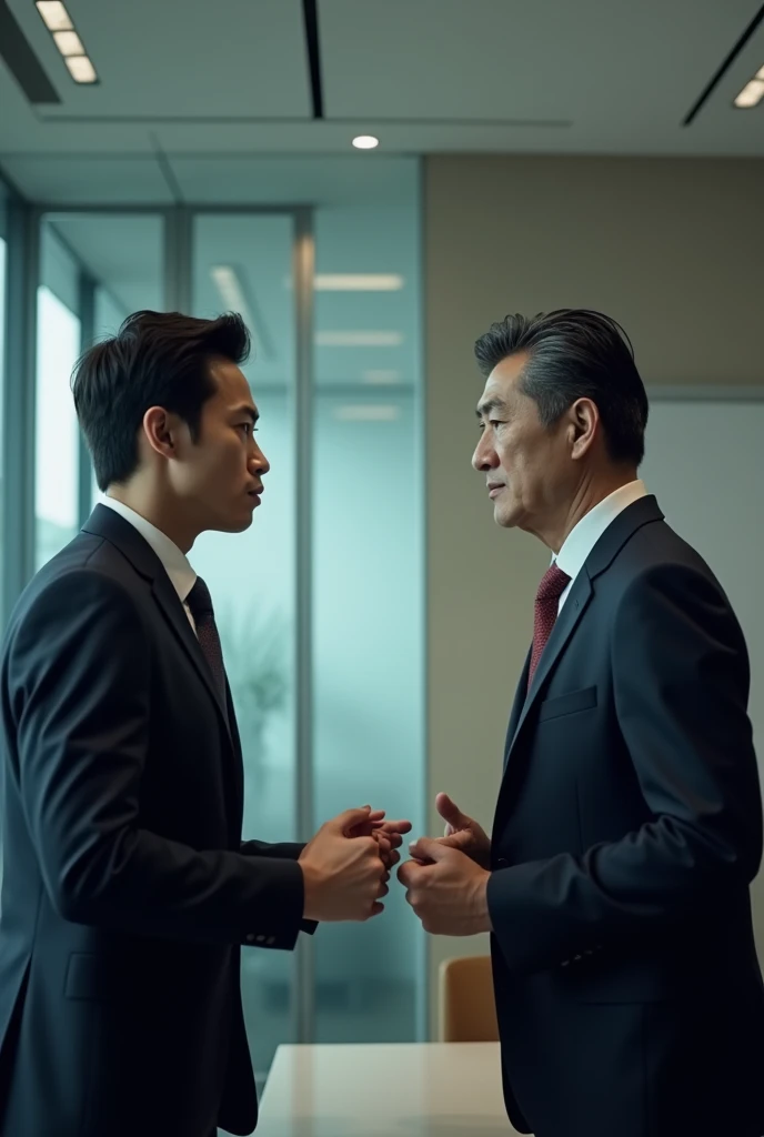 A modern Japanese man in his early 30s, dressed in business attire, is having a tense confrontation with his boss in an office setting. The man has a frustrated expression, while the boss, an older Japanese man in his 50s, looks stern and disapproving