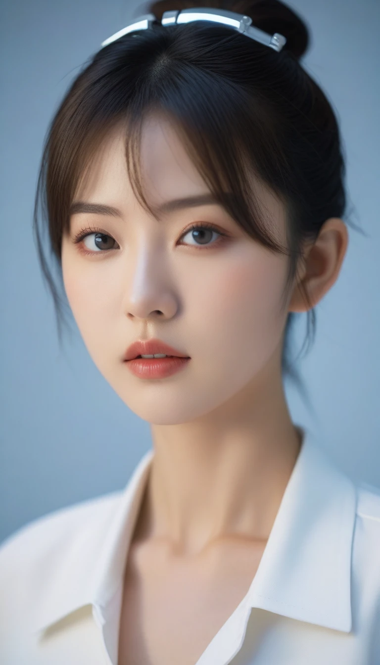 8k, Ultra-high resolution, Highest quality, masterpiece, 三分割法によるphotograph,Surreal, photograph, 1 , (:1.3), cute, cute顔, 細部までBeautiful Eyes, 細かくdetailedに,masterpiece,One Girl:1.2,Japanese women,Policewoman,upper body,glaring,Black short hair,High ponytail,ID photo,(Police officer of the future:1.3),cyber punk,Future City,white collar,((Fusion of humans and androids))(Beautiful attention to detail),Subtle details, detailedな顔,anger,Attractive eyes,(ポートレートphotograph:1.4),(Photorealistic images:1.4),Fantasy art,(Beautiful Face:1.4),美しくAttractive eyes、Beautiful Eyes,Silver residue,(Tight waist:1.4)、(Beautiful with perfect body proportions:1.4),Pink Lips,profile,(((Ideal body type))),A-cup small breasts :2,、Portraiture:2、Perfect Anatomy、鮮明なdetailed、detailed,Fashion magazine cover,Thin lips,完璧でBeautiful Face ,完璧でcute顔, Skin with attention to detail, Perfect limbs、Narrow waist,Surreal,Light and shadow,spotlight