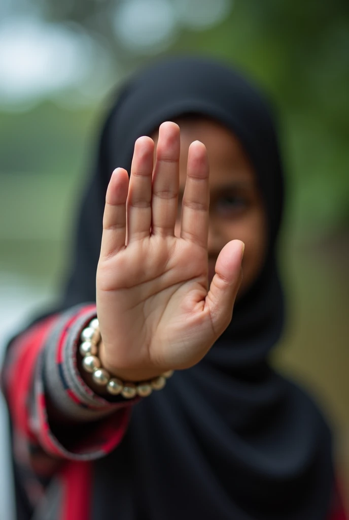 A  muslim girl who live in kerala, the girl taking her photo as selfie and she hiding her face by her own hamd