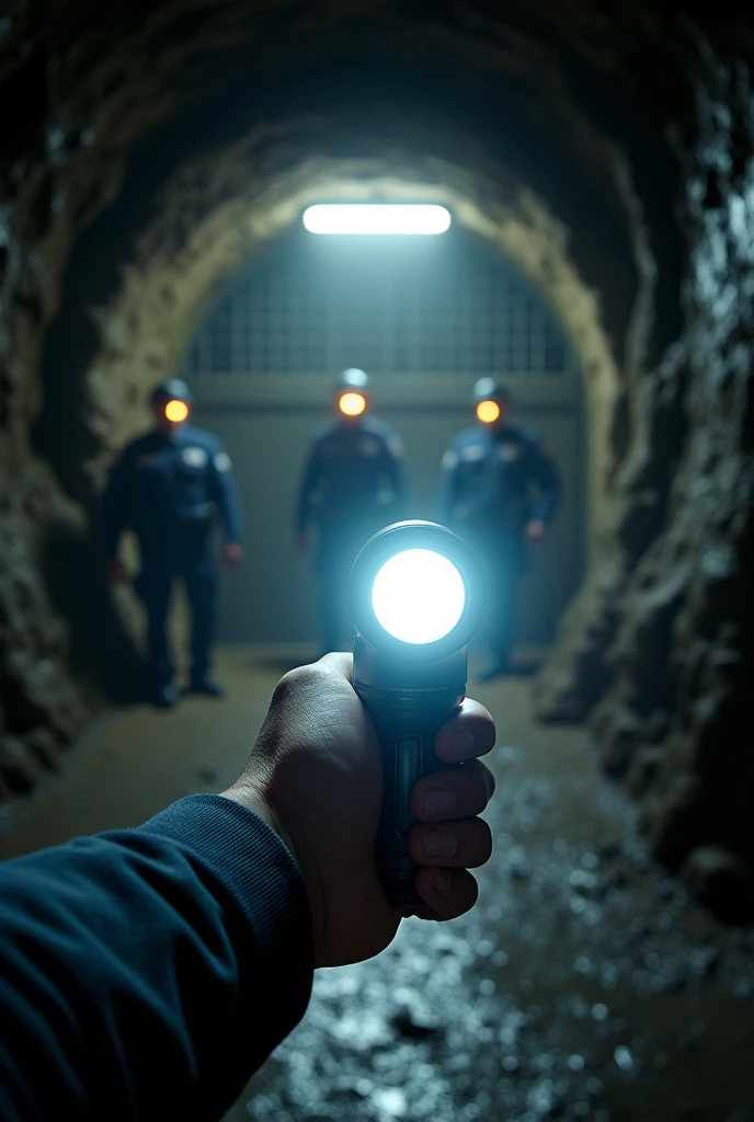 Underground mine first person view showing only one arm holding a white flashlight, police arms, metal gate