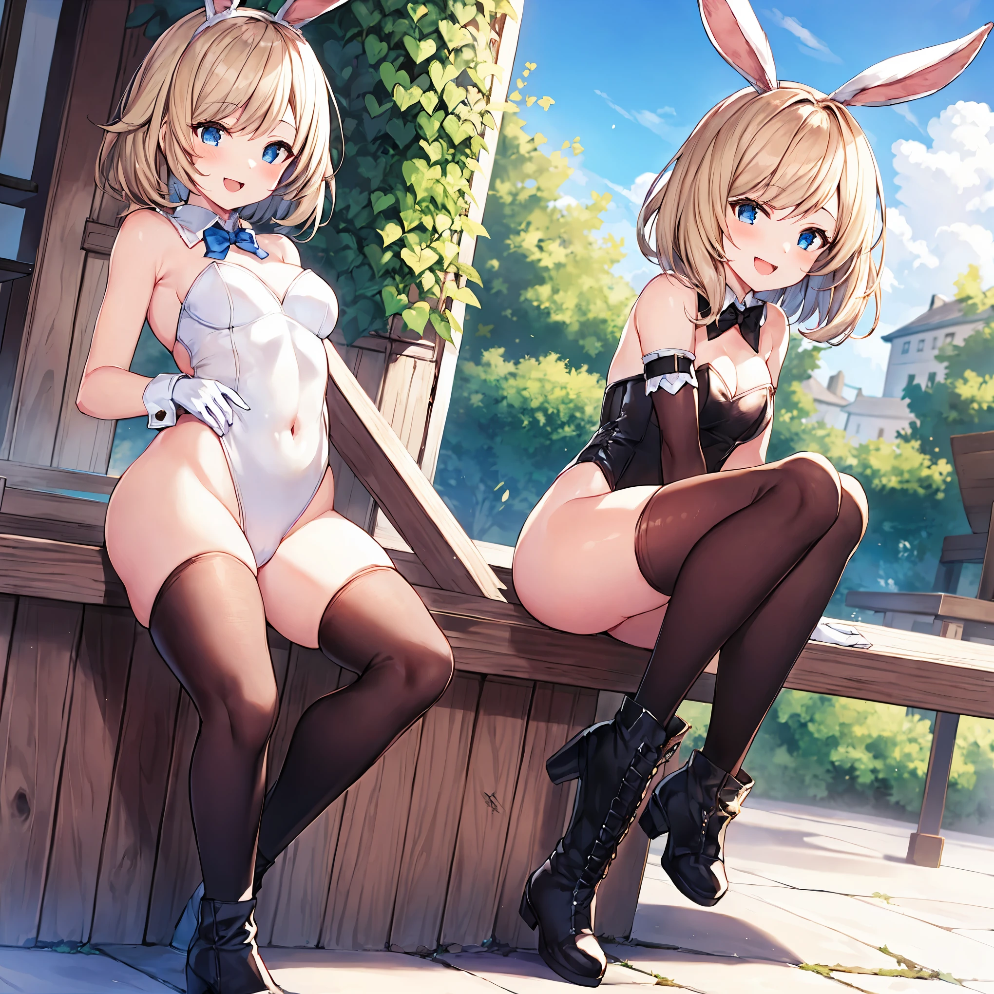 GRANBLUEfantasy,ung_teeirl,brown_hair,medium_bob_hair,platina_blond_hair,white_leotard,covered_crotch,thigh-highs,smile,standing,bluesky_landscape_background,slightly_spread_legs,happiness, short_gloves ,solo, r18, navel,relicbuster,short,boots,open_mouth,sitting,knees,blush,shy,bunny_ears