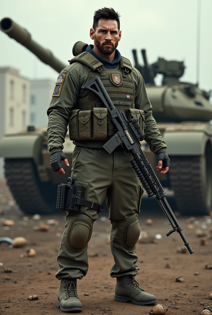 Messi as a fighter with many gun and tank.
