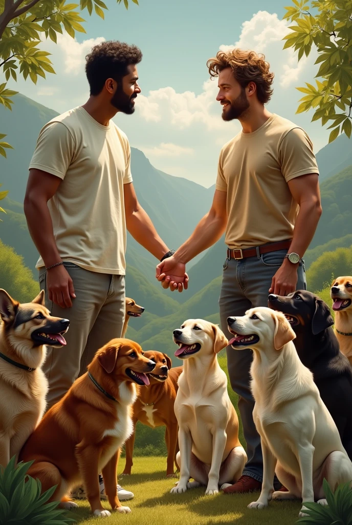 I want a reinterpretation of the painting "Creation of Adam" where the characters are current people, can be a man with light brown hair and fair skin, the other also a man with dark skin and black hair. Around the characters there are several dogs of different breeds.