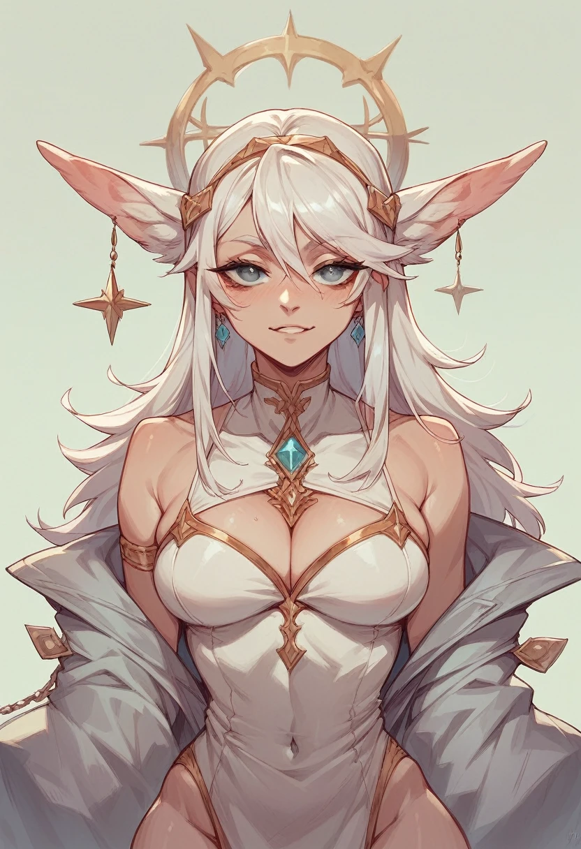 satyr, goat_horns, legfur, animal ears, solo, 1girl, blonde hair, short hair, amber eyes, dark skin, (gyaru), gyaru clothes, gyaru hair, piercings, earrings, (tomboy), large breasts, (tall),