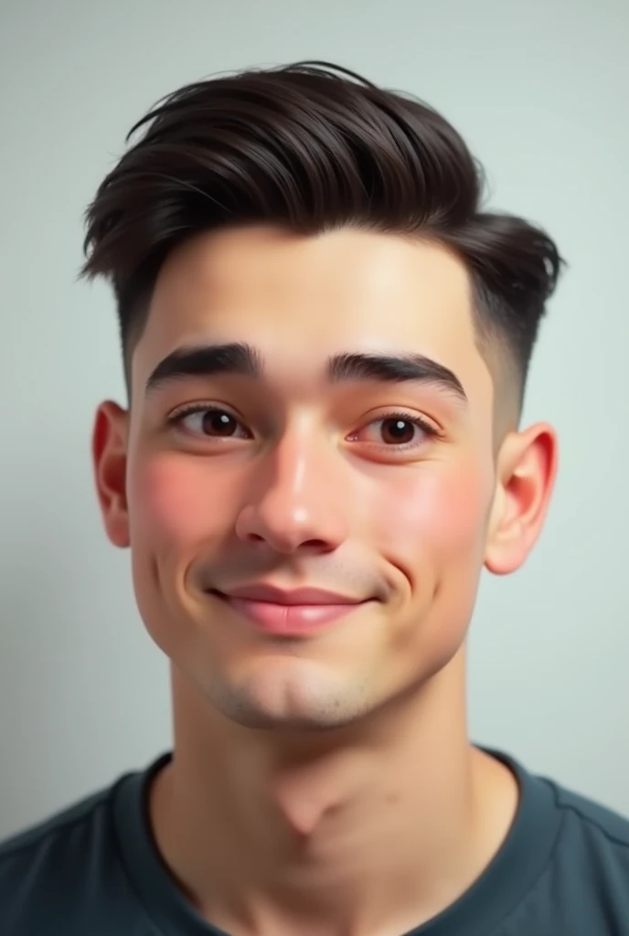 An image of a round-faced man with a low fade combed down