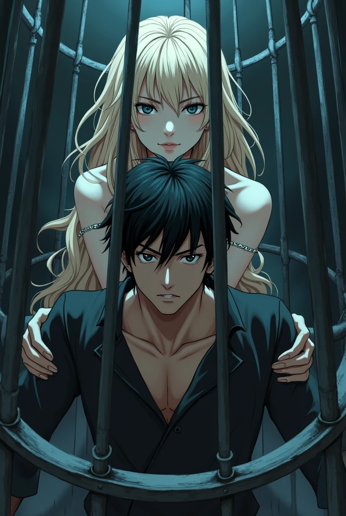 In anime style a dark-haired man and a very pale blonde-haired woman, She trapping the man in a cage
