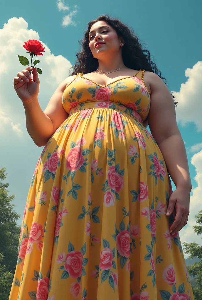 A huge giant girl wearing cheerful clothes holding a small rose as humans do, realistic, true to life, high resolution details, full picture like life