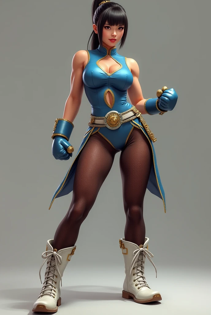 Chun-Li's appearance has differed several times in the Street Fighter series, as well as in official art and cameos she has made in other works. She is known for her very muscular thighs. Chun-Li wears a qipao, a Chinese dress imported over from Manchuria that became popular among girls during the early 20th century. Her outfit is modified to allow a far wider range of movement than a normal qipao. She also wears white combat/boxing boots of varying height (around calf-length in games such as the Street Fighter II series and older vs. Capcom titles, or around knee-high in games based around her 3rd Strike sprite) and a blue leotard with dark brown sheer pantyhose and a blue thong underneath with her qipao. Her qipao is blue with golden accents with a white waistband embroidered with a dragon pattern, a detail only seen in her Street Fighter II art before being officially added in Street Fighter V.