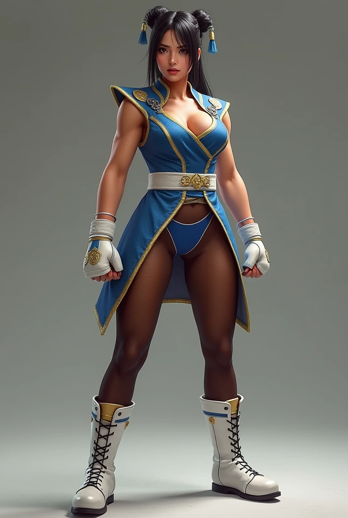 Chun-Li's appearance has differed several times in the Street Fighter series, as well as in official art and cameos she has made in other works. She is known for her very muscular thighs. Chun-Li wears a qipao, a Chinese dress imported over from Manchuria that became popular among girls during the early 20th century. Her outfit is modified to allow a far wider range of movement than a normal qipao. She also wears white combat/boxing boots of varying height (around calf-length in games such as the Street Fighter II series and older vs. Capcom titles, or around knee-high in games based around her 3rd Strike sprite) and a blue leotard with dark brown sheer pantyhose and a blue thong underneath with her qipao. Her qipao is blue with golden accents with a white waistband embroidered with a dragon pattern, a detail only seen in her Street Fighter II art before being officially added in Street Fighter V.